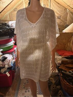 Women’s Cover Me White Crochet Swim Cover-Up Tunic Size S/P